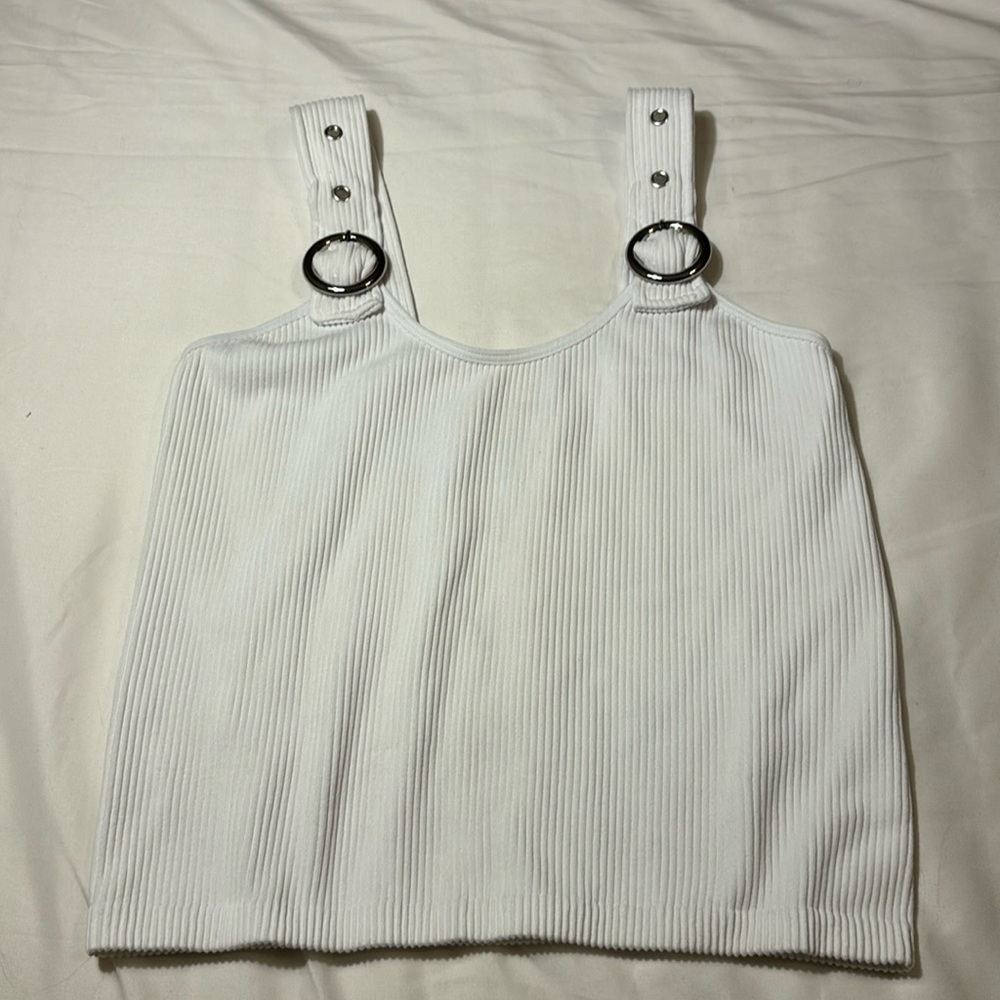 Cotton Candy White Ribbed Tank Top with Buckle Straps M/L
